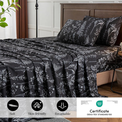 Grey Black Sheets King,Deep Pocket Sheets, 1800 Thread Count Pattrn Bed Sheets Soft Breathable Cute Printed Boho Farmhouse Bed Sheets, Oeko-Tex Certificated- up to 18 Inch