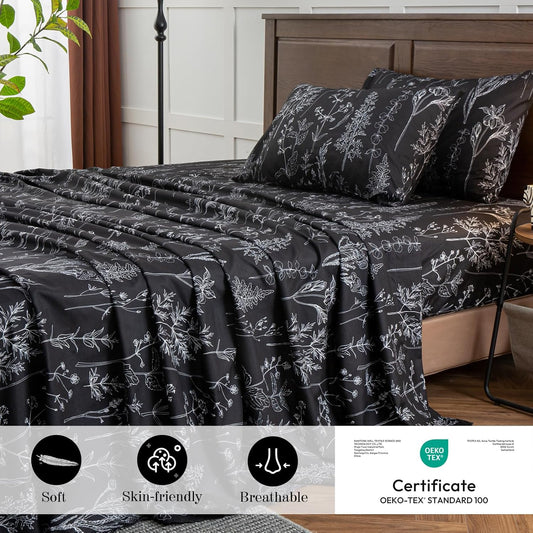 Grey Black Sheets King,Deep Pocket Sheets, 1800 Thread Count Pattrn Bed Sheets Soft Breathable Cute Printed Boho Farmhouse Bed Sheets, Oeko-Tex Certificated- up to 18 Inch