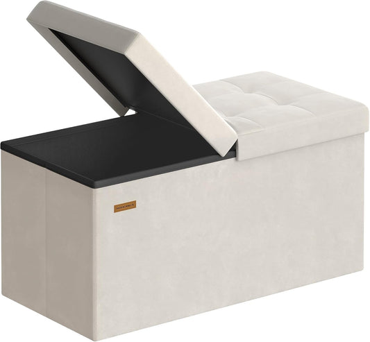 Mazie Collection - 30 Inches Storage Ottoman, Foldable Storage Bench with Flipping Lid, 660 Lb Load Capacity, for Entryway, Living Room, Bedroom, Velvet Fabric, Cream White ULSF048LH01