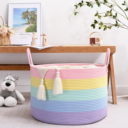 Rainbow Toy Basket, 20"X13" Extra Large Kids Toy Storage for Playroom Classroom Nursery, Woven Rope Blanket Basket with Handles, Stuffed Animal Organizer & Dog Toys Basket