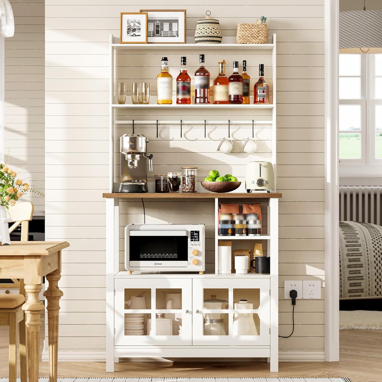 Farmhouse Bakers Rack with Power Outlets and Storage, Coffee Bar Cabinet with Storage, Microwave Stand Kitchen Cabinet with Hutch and 6 Hooks, Soft White & Brown