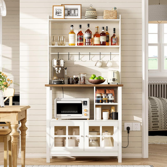 Farmhouse Bakers Rack with Power Outlets and Storage, Coffee Bar Cabinet with Storage, Microwave Stand Kitchen Cabinet with Hutch and 6 Hooks, Soft White & Brown
