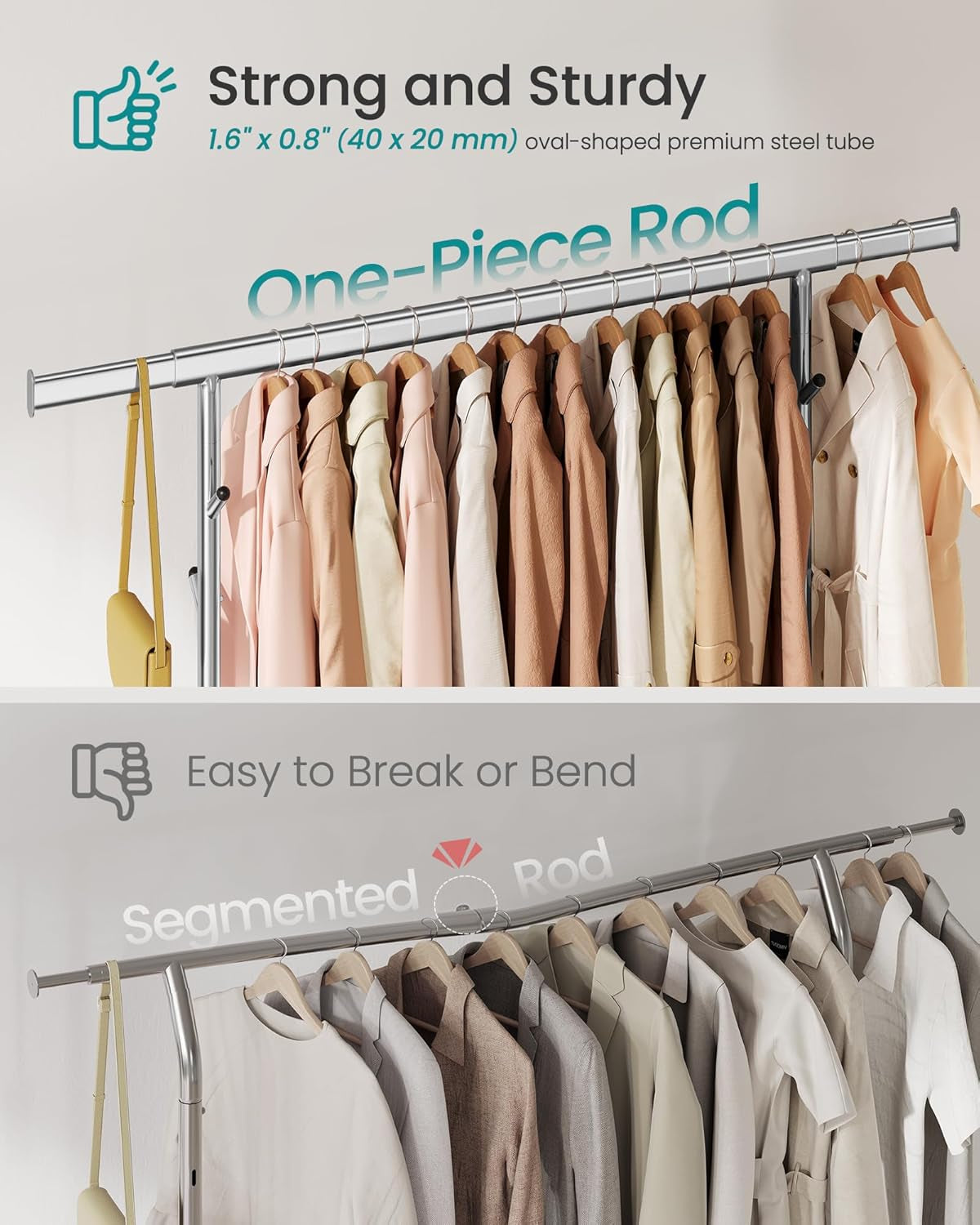 Clothes Rack, Heavy-Duty Rolling Clothing Garment Rack with Wheels, Extendable Hanging Rod and Adjustable Height, Portable, with Shelf and Hooks, Silver UHSR014E01