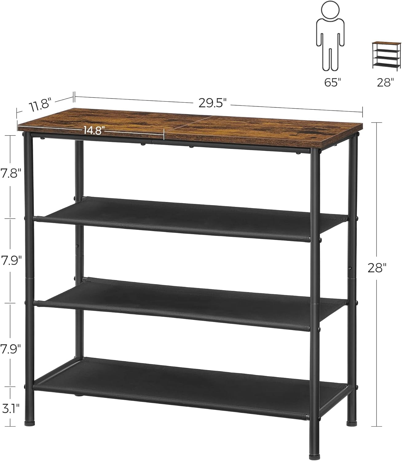 Shoe Rack, 4-Tier Shoe Storage Organizer for Entryway and Closet, Holds 9-12 Pairs of Shoes, 3 Fabric Shelves, Steel Frame, Industrial, Rustic Brown and Black ULBS035B01