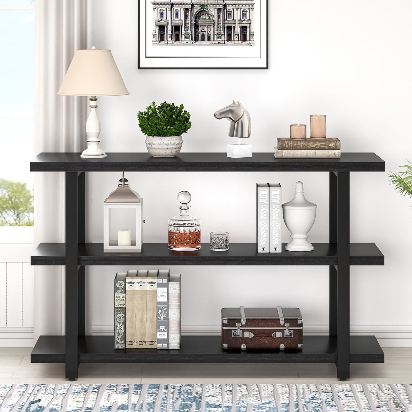 Black Entryway Table, Modern Console Tables with 3 Tier Storage Shelves for Living Room, Wood and Metal Sofa Table for Hallway, Entrance, or behind Couch, 47 Inch
