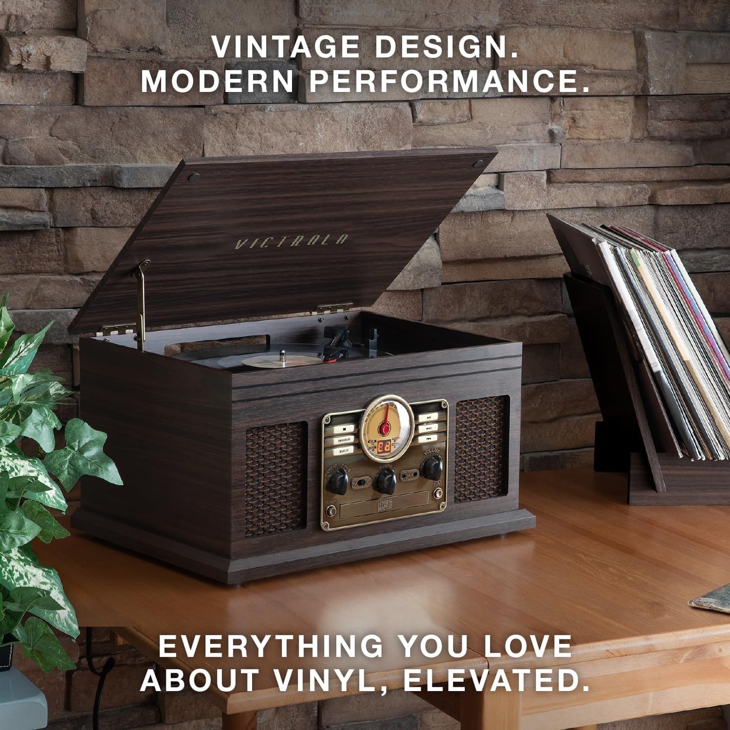the Quincy 6-In-1 Bluetooth Record Player & Multimedia Center with Built-In Speakers – 3-Speed Turntable, CD & Cassette Player, AM/FM Radio, Wireless Music Streaming (Mahogony)