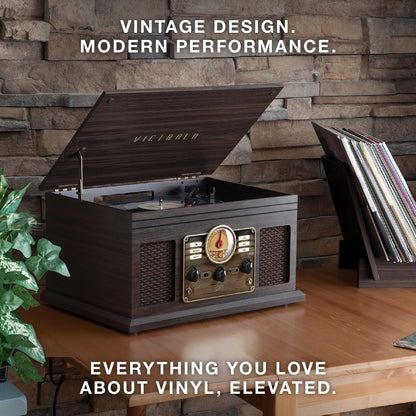 the Quincy 6-In-1 Bluetooth Record Player & Multimedia Center with Built-In Speakers – 3-Speed Turntable, CD & Cassette Player, AM/FM Radio, Wireless Music Streaming (Mahogony)