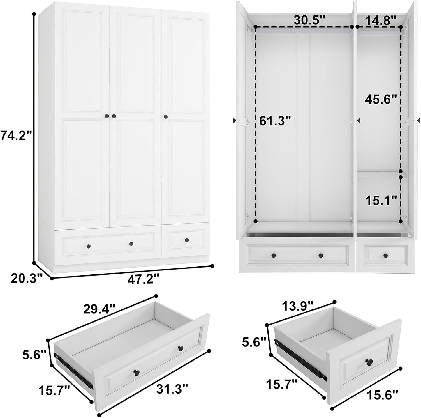 Armoire Wardrobe Closet with Drawers: 74" White Tall Wooden Wardrobe Closet for Hanging Clothes, Large Bedroom Armoires with 2 Drawers, 3 Door Armoire Storage Cabinet (White, 47")