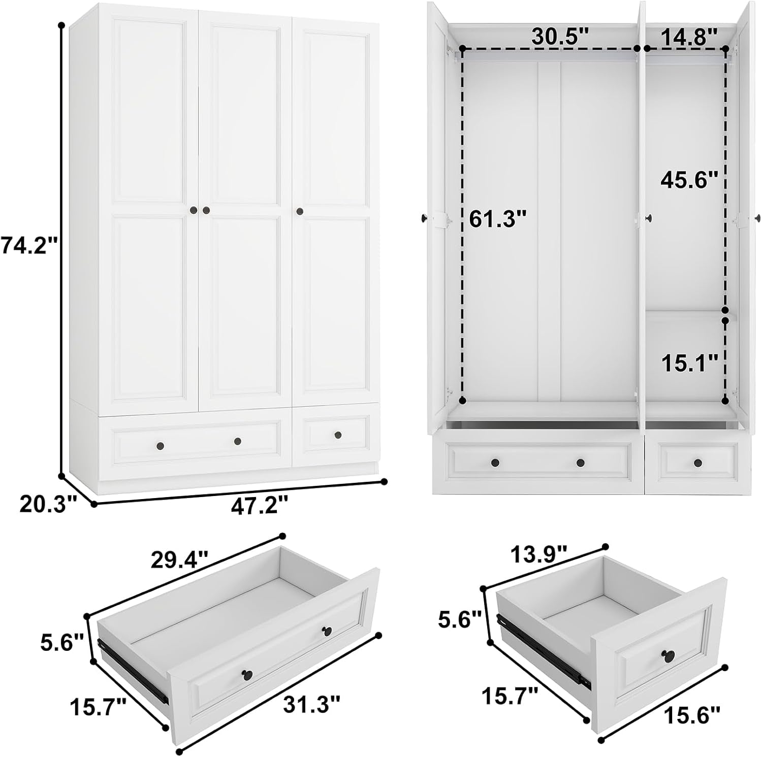 Armoire Wardrobe Closet with Drawers: 74" White Tall Wooden Wardrobe Closet for Hanging Clothes, Large Bedroom Armoires with 2 Drawers, 3 Door Armoire Storage Cabinet (White, 47")