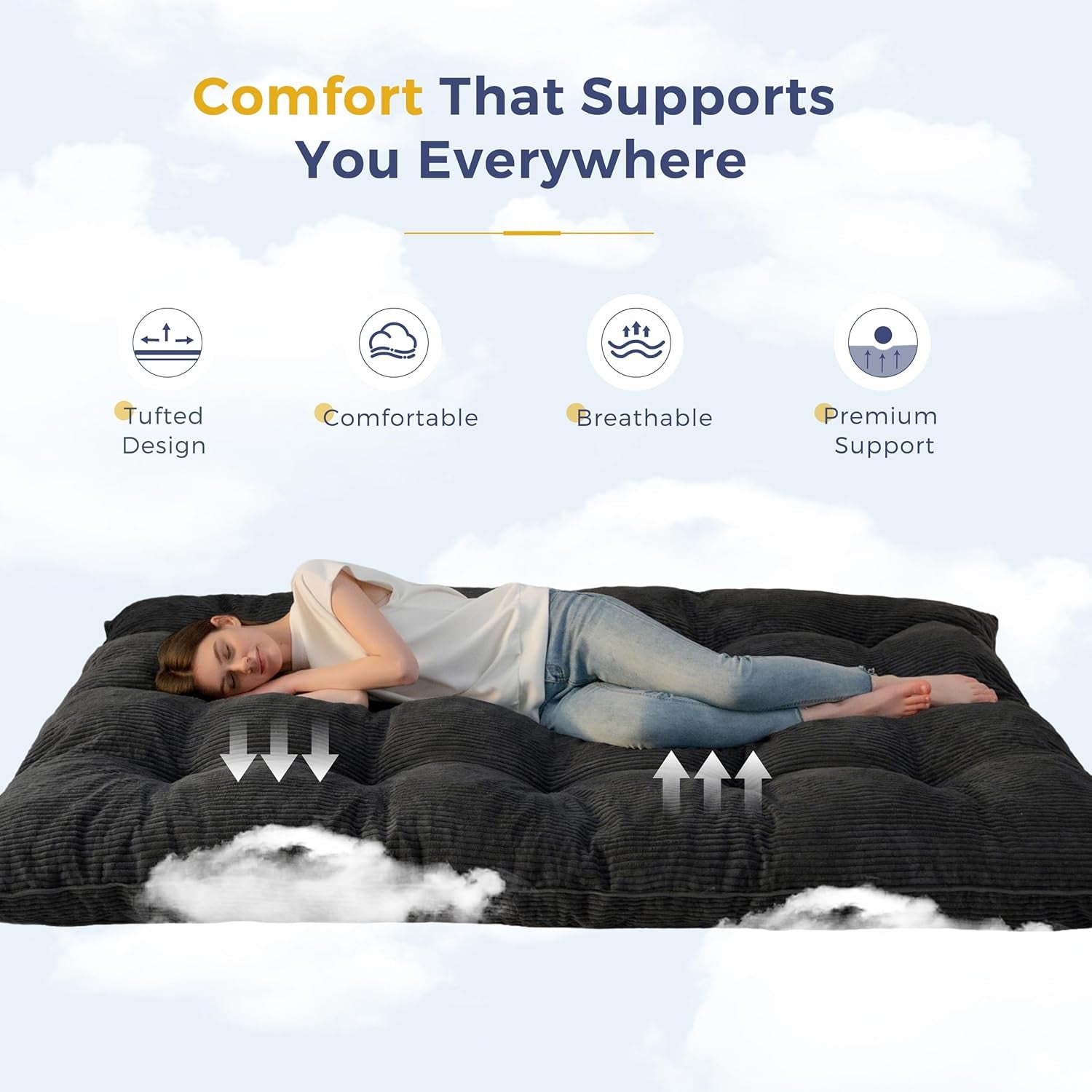 6" Japanese Floor Mattress, Foldable Futon Mattress Full Size, Tufted Roll up Floor Bed, Thick Tatami Mat Sleeping Pad Portable Lounger for Camping Guest Room Dormitory Bedroom RV, Black