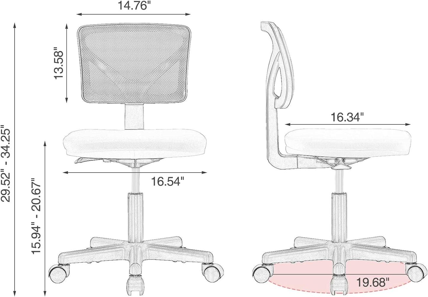 Office Computer Desk Chair, Ergonomic Low-Back Mesh Rolling Work Swivel Chairs with Wheels, Armless Comfortable Seat Lumbar Support for Home, Bedroom, Study, Student, Adults, Pink