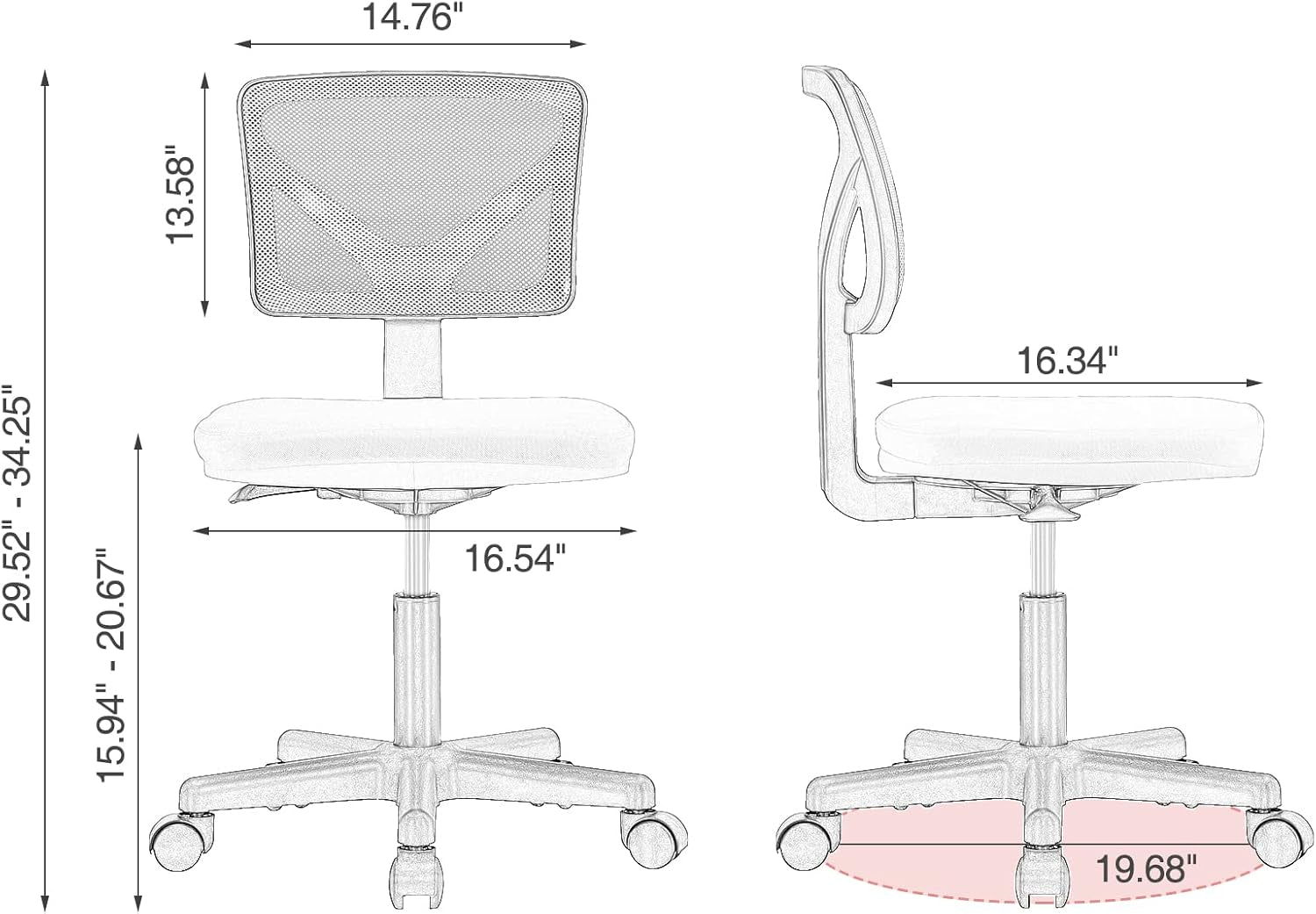 Office Computer Desk Chair, Ergonomic Low-Back Mesh Rolling Work Swivel Chairs with Wheels, Armless Comfortable Seat Lumbar Support for Home, Bedroom, Study, Student, Adults, Pink