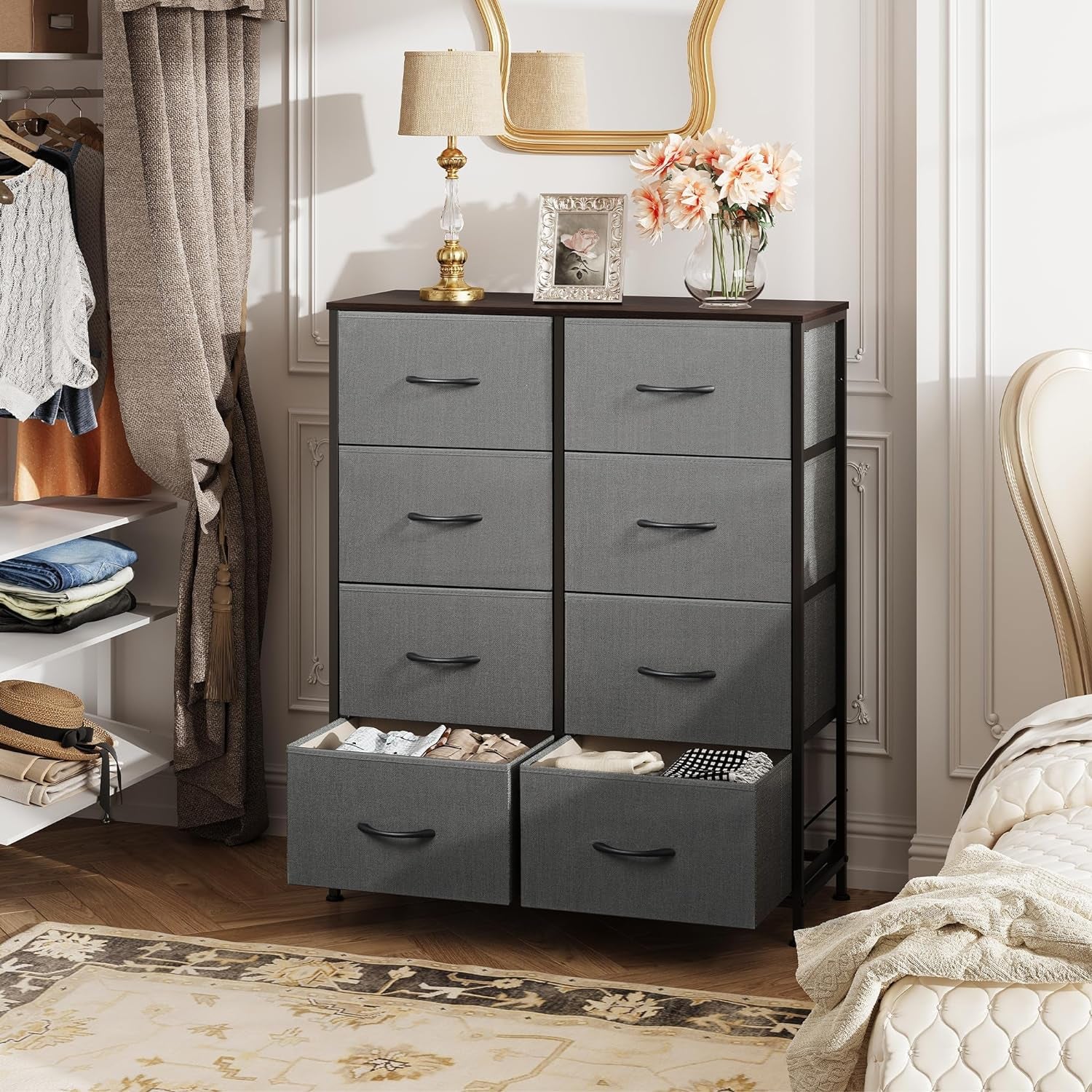 Fabric Dresser for Bedroom, Tall Dresser with 8 Drawers, Storage Tower with Fabric Bins, Double Dressers, Chest of Drawers for Closet, Living Room, Hallway, Dark Gray