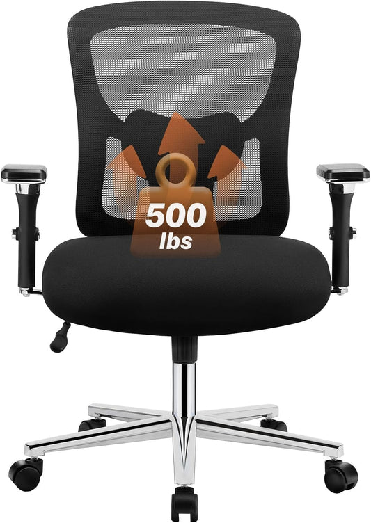 Big and Tall Office Desk Chair with Lumbar Support, 500Lbs Heavy Duty Mesh Ergonomic Computer Chair with 4D Armrest and Wide Comfy Seat, Wheels for Adult