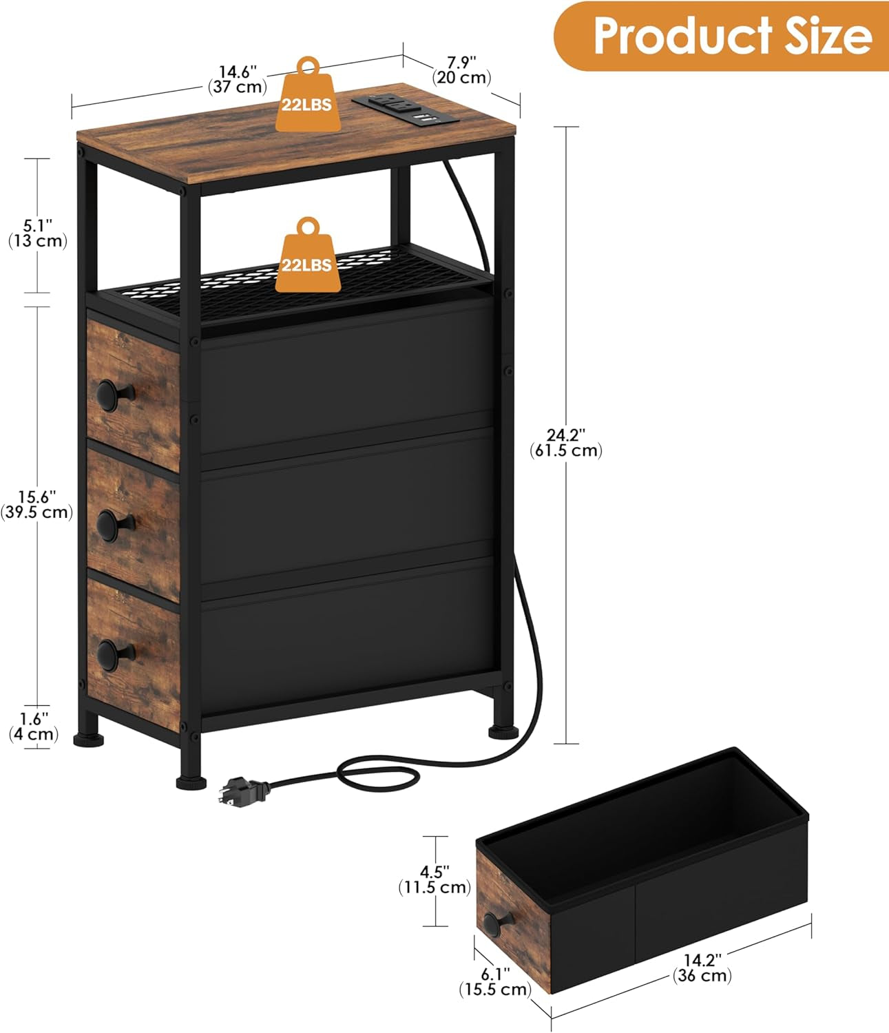 Narrow End Table with Charging Station, 7.9" Wide Couch Side Table with LED Light, Skinny Nightstand with 3 Fabric Storage Drawers, Slim Bedside Table for Bedroom, Small Spaces, Rustic Brown