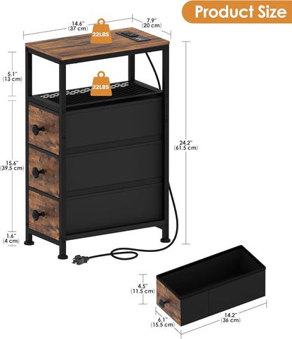 Narrow End Table with Charging Station, 7.9" Wide Couch Side Table with LED Light, Skinny Nightstand with 3 Fabric Storage Drawers, Slim Bedside Table for Bedroom, Small Spaces, Rustic Brown
