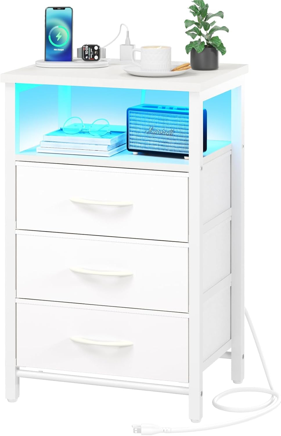 Night Stand with Charging Station, 16 Colors LED Nightstand with USB Ports and Outlets, End Table with 3 Fabric Drawers and Storage Shelf, Bedside Tables Small Dresser for Small Space White