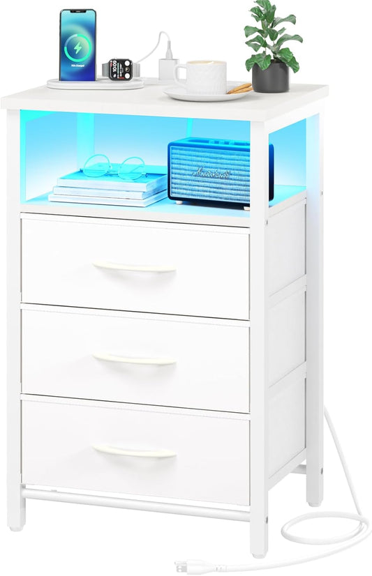 Night Stand with Charging Station, 16 Colors LED Nightstand with USB Ports and Outlets, End Table with 3 Fabric Drawers and Storage Shelf, Bedside Tables Small Dresser for Small Space White