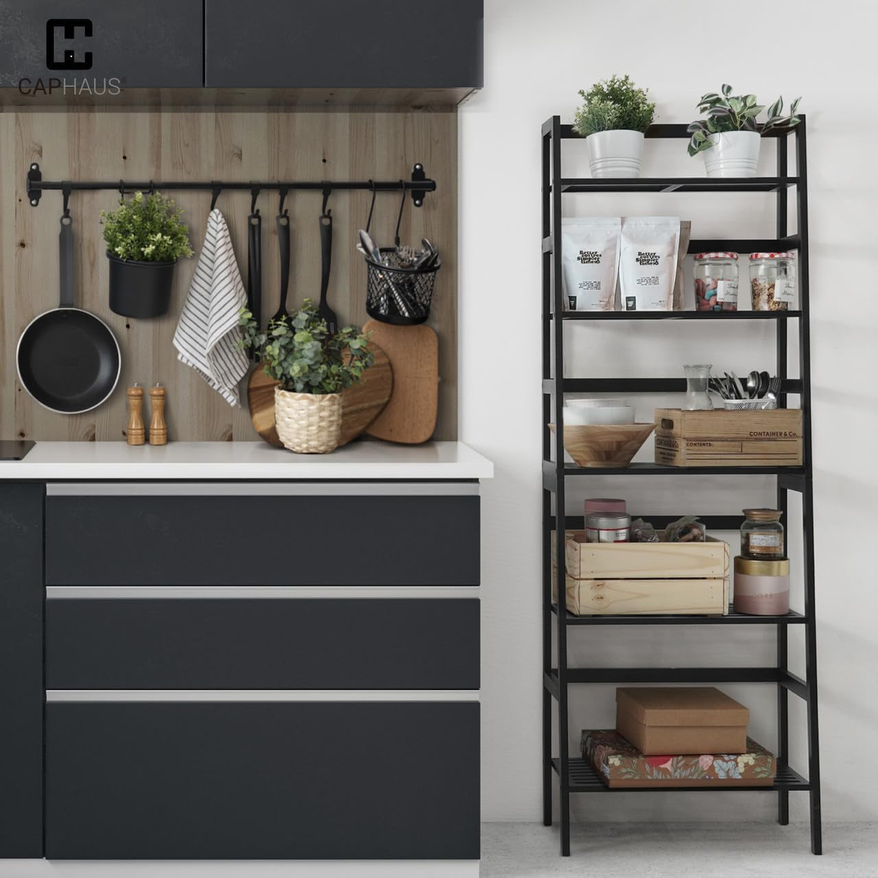 Bookshelf, 5-Tier Ladder Shelf, Floor Bookcase with Bamboo Frame,Freestanding Storage Shelves Corner Shelf, for Living Room,Home Office,Bedroom,Kitchen,Bathroom,Plant Stand,White