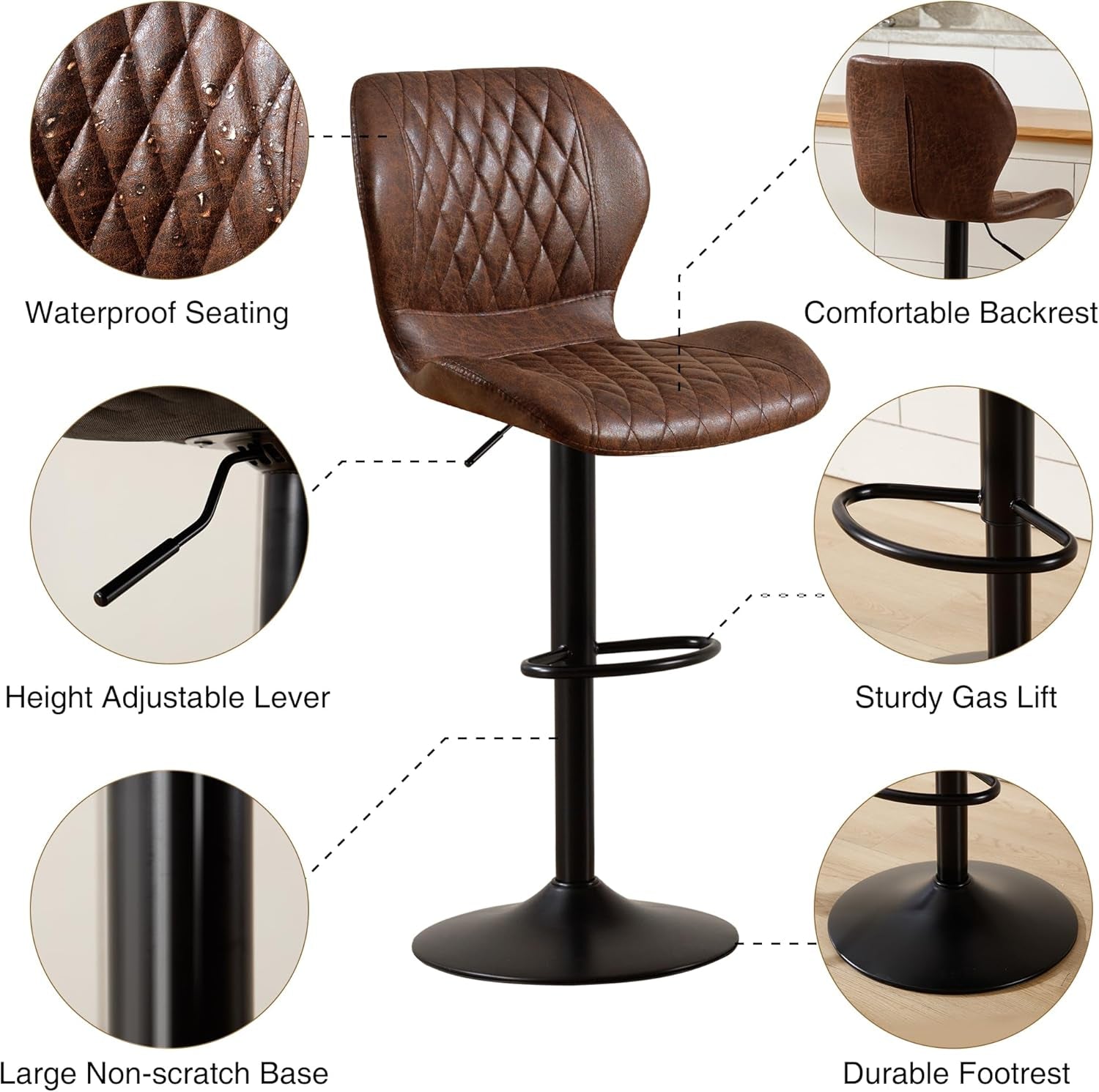 Bar Stools Set of 2, Modern Swivel Counter Height Barstools for Kitchen Island Chairs, Adjustable Faux Leather Bar Stools with Back for Kitchen Counter Bar, Brown