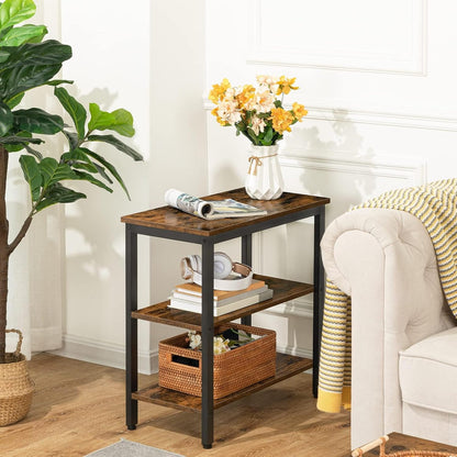 End Table, Simple Rustic Side Table with 3-Tier Storage Shelf, Narrow Nightstand for Small Spaces, for Living Room, Bedroom,Easy Assembly, Industrial Design, Rustic Brown and Black BF14BZ01