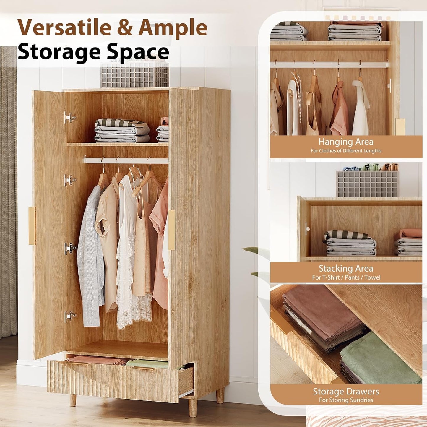 Fluted Wardrobe Closet Armoire with Doors and Drawers, Wardrobe Cabinet with Hanging Rack, Bedroom Closet Wood, Oak Free Standing Armoire with Shelf and Solid Wood Legs, 31.5"W*19.7"D*69.3"H