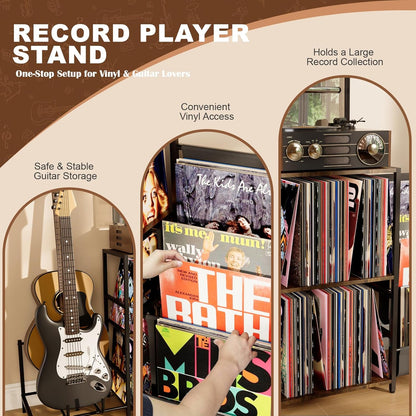 Record Player Stand with Guitar Rack, for Acoustic, Electric & Bass Guitars, 3 Tier Vinyl Record Storage up to 200 Albums, Record Shelf for Living Room and Bedroom