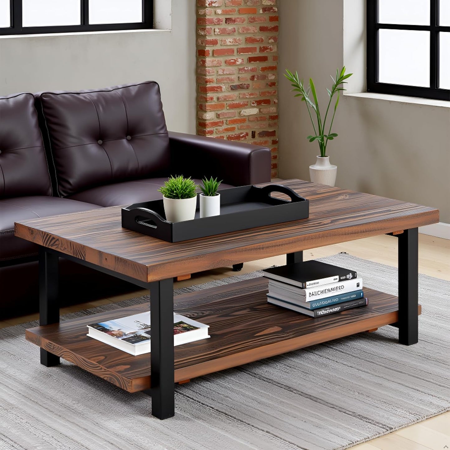 Pomona Rustic Industrial 2-Tier Rectangular Coffee Table – 48” Solid Wood Top with Shelf, Metal Legs, and Reclaimed Finish – Farmhouse Style Living Room Furniture