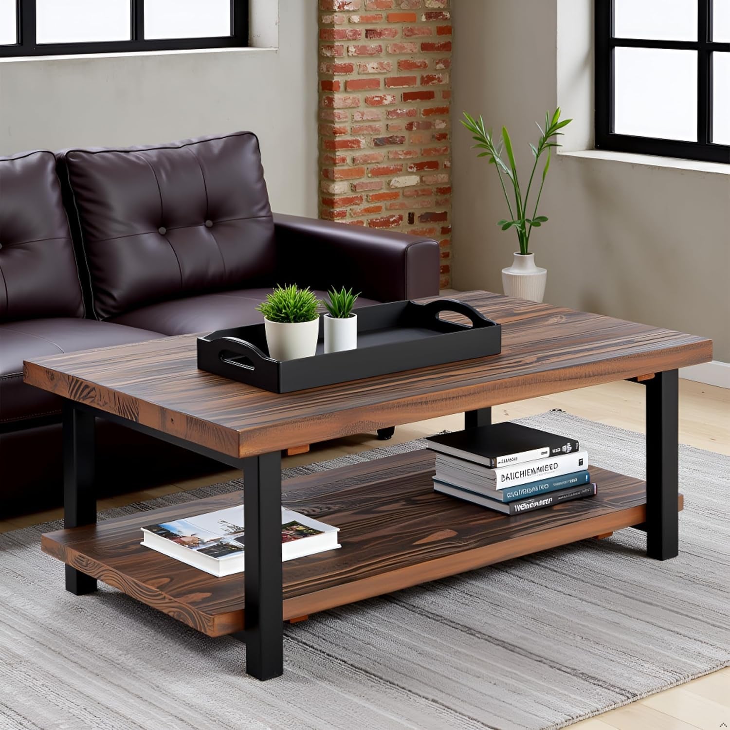 Pomona Rustic Industrial 2-Tier Rectangular Coffee Table – 48” Solid Wood Top with Shelf, Metal Legs, and Reclaimed Finish – Farmhouse Style Living Room Furniture