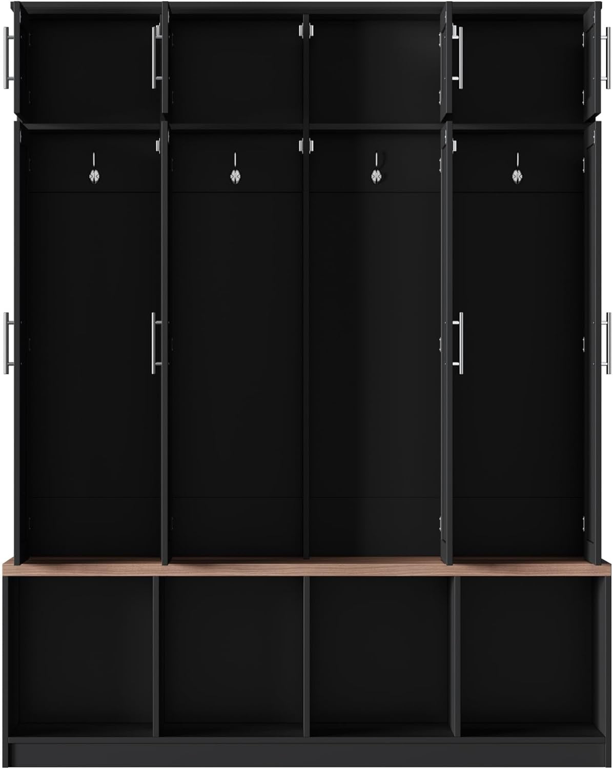 Hall Tree with Entryway Bench and Shoe Cabinet, Multi-Functional Seating Bench with 4 Hanging Hooks and 8 Doors, Black