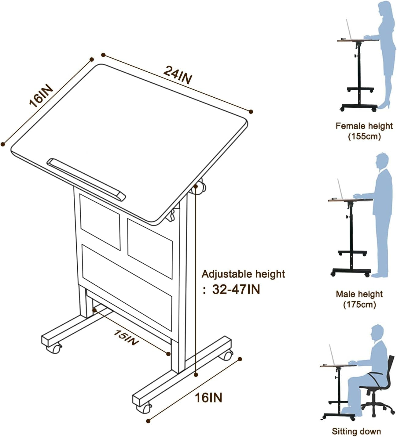 Height Adjustable Standing Desk with Storage Bag Widths16 in Length 24 In, Portable Rolling Mobile Stand up Table with Wheels, 360 Degree Flip Laptop Computer Desk for Home Office, Rustic Brown