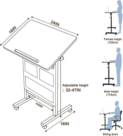 Height Adjustable Standing Desk with Storage Bag Widths16 in Length 24 In, Portable Rolling Mobile Stand up Table with Wheels, 360 Degree Flip Laptop Computer Desk for Home Office, Rustic Brown