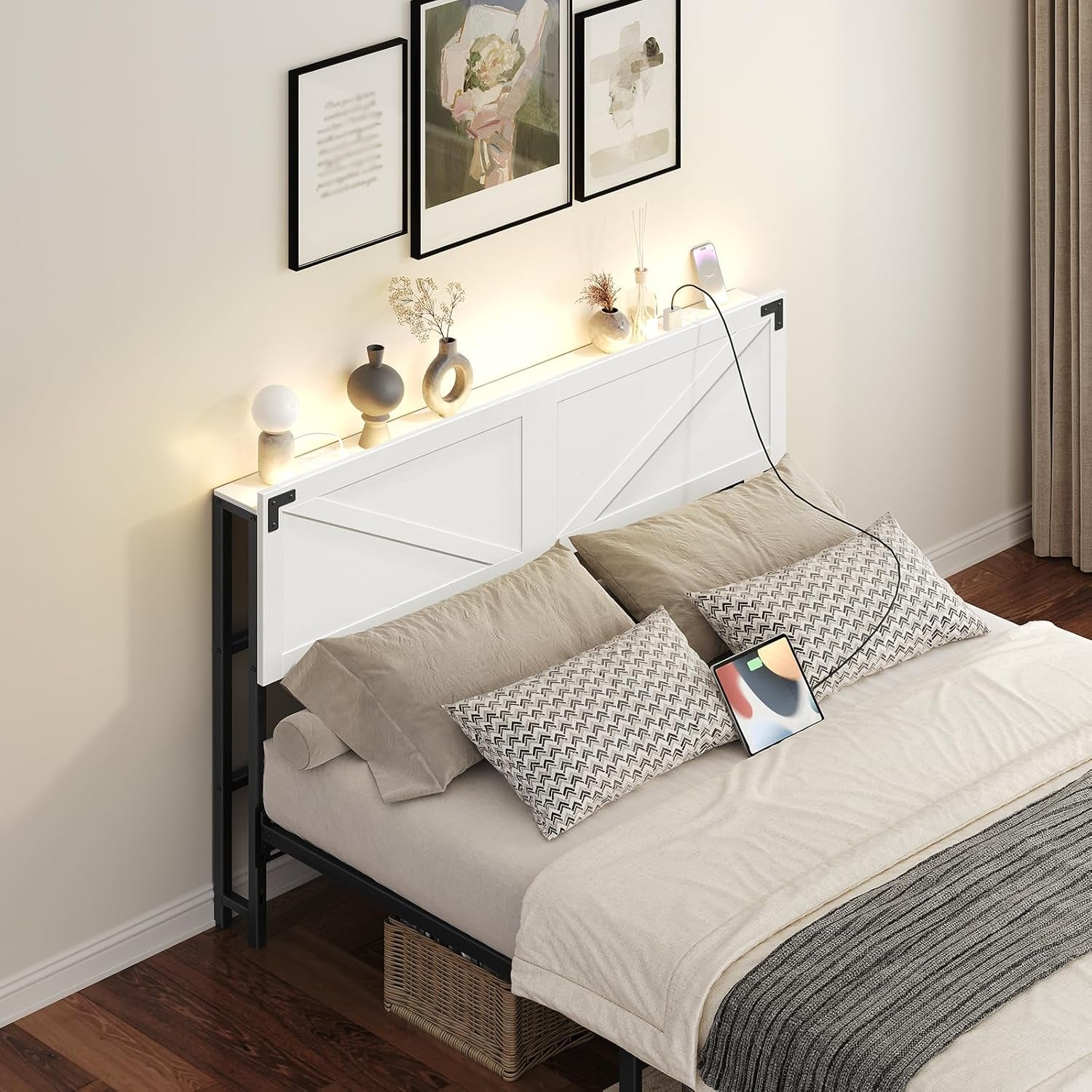 Queen Size Headboard Only, Headboard with 2 Outlets and 4 USB Ports, Farmhouse Headboard, with LED Lights, Secure Storage with Raised Fence, with Bed Frame Adapter, White and Black