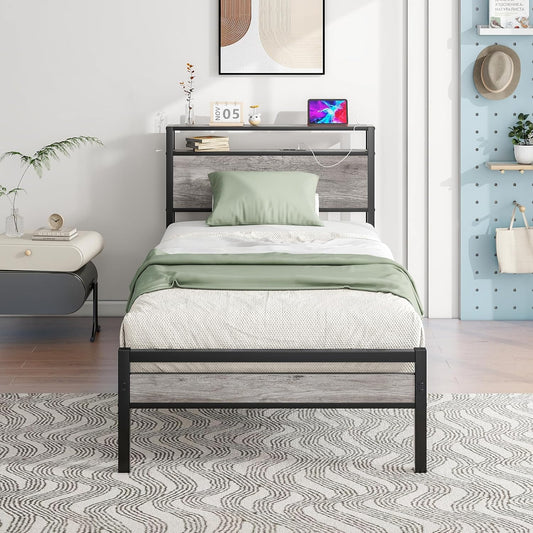 Twin Bed Frame with Storage Headboard, Metal Platform Bed with Charging Station, No Box Spring Needed, Heavy Duty Metal Slats Support, Dark Grey