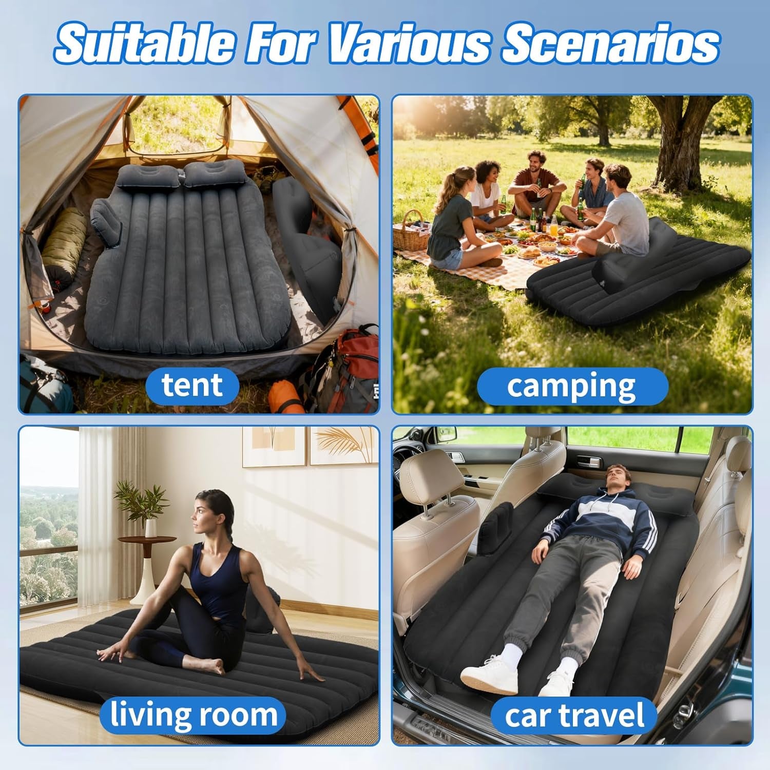 Inflatable Car Air Mattress Back Seat Bed with Air Pump,55" (L) X 35" (W) Portable Thickened Car Travel Camping Sleeping Air Mattress Blow up Bed for Mid-Size,Full-Size Car SUV