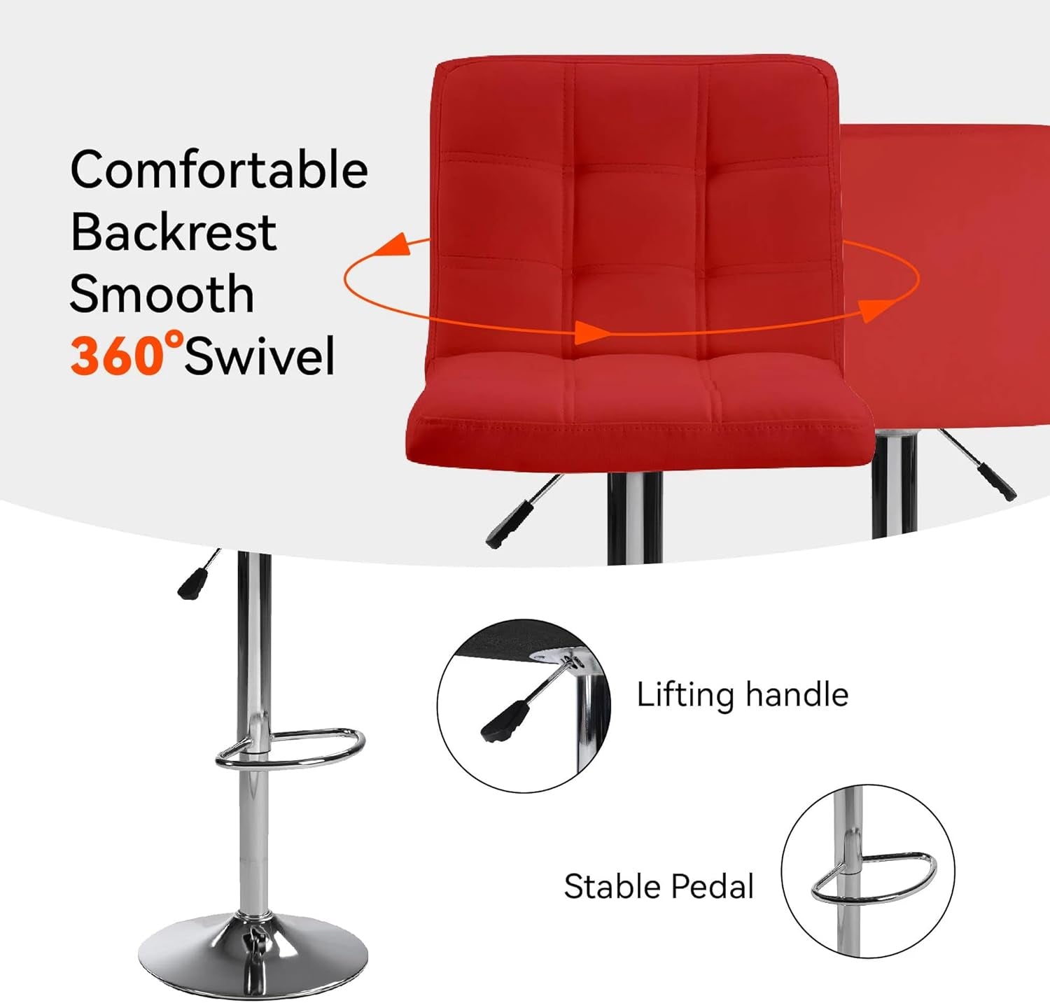 Bar Stools 1 Set of 2, Counter Height Bar Stools, Square Cushion Bar Stools with Back, Footstool, Cafe, Red, 2 Pieces