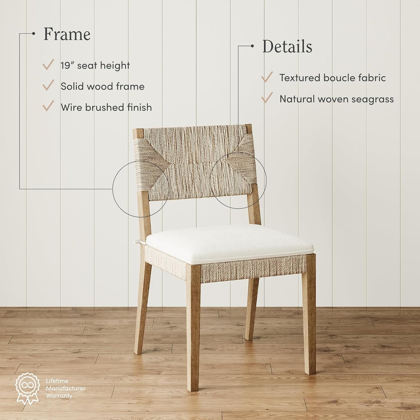 Beacon Boho Dining Chair, Boucle Dining Chair with Seagrass Accent and Solid Wood Legs, Cream Boucle/Light Brown
