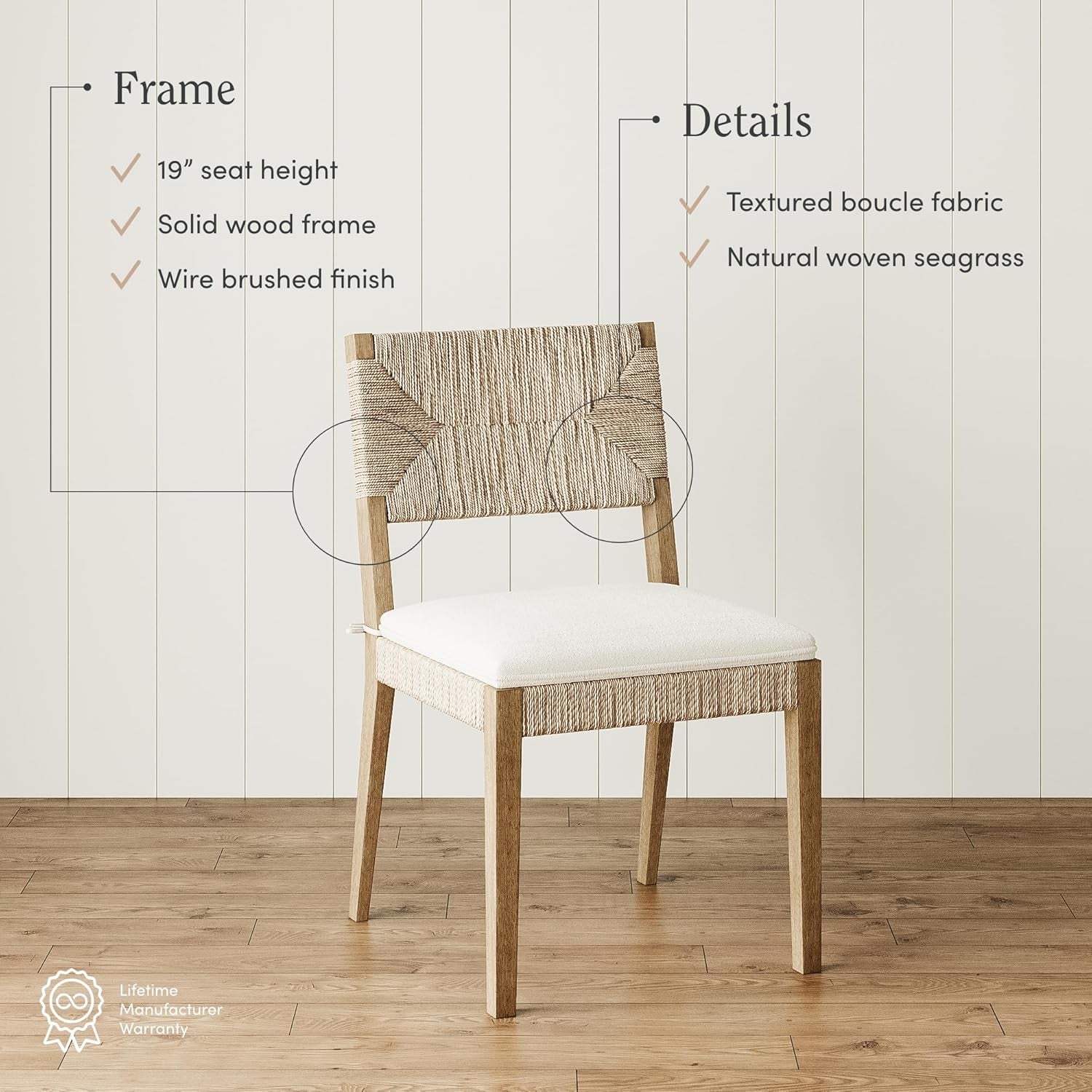 Beacon Boho Dining Chair, Boucle Dining Chair with Seagrass Accent and Solid Wood Legs, Cream Boucle/Light Brown