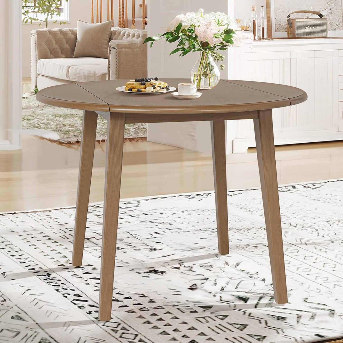 3-Piece Extendable Dining Table Set for 2, 36" Kitchen round Wood Table with 2 Wooden Dining Room Chairs,Light Brown/Camel