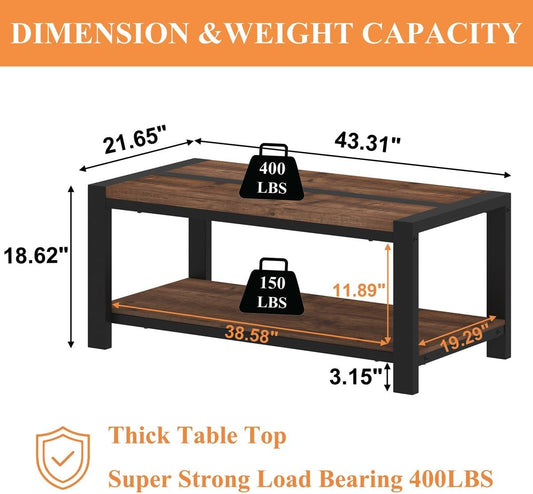 Coffee Table for Living Room, Industrial Wood and Metal Living Room Tables, Farmhouse Rectangular Center Table (Rustic Oak, 43 Inch)