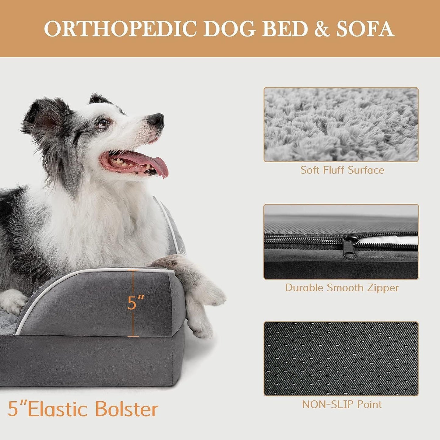 Orthopedic Dog Bed for Extra Large Dogs 42X30 Inch, Waterproof Egg Crate Foam XL Pet Bed with Removable Bolsters, Dog Couch with Washable Cover & Non-Slip Bottom, Grey