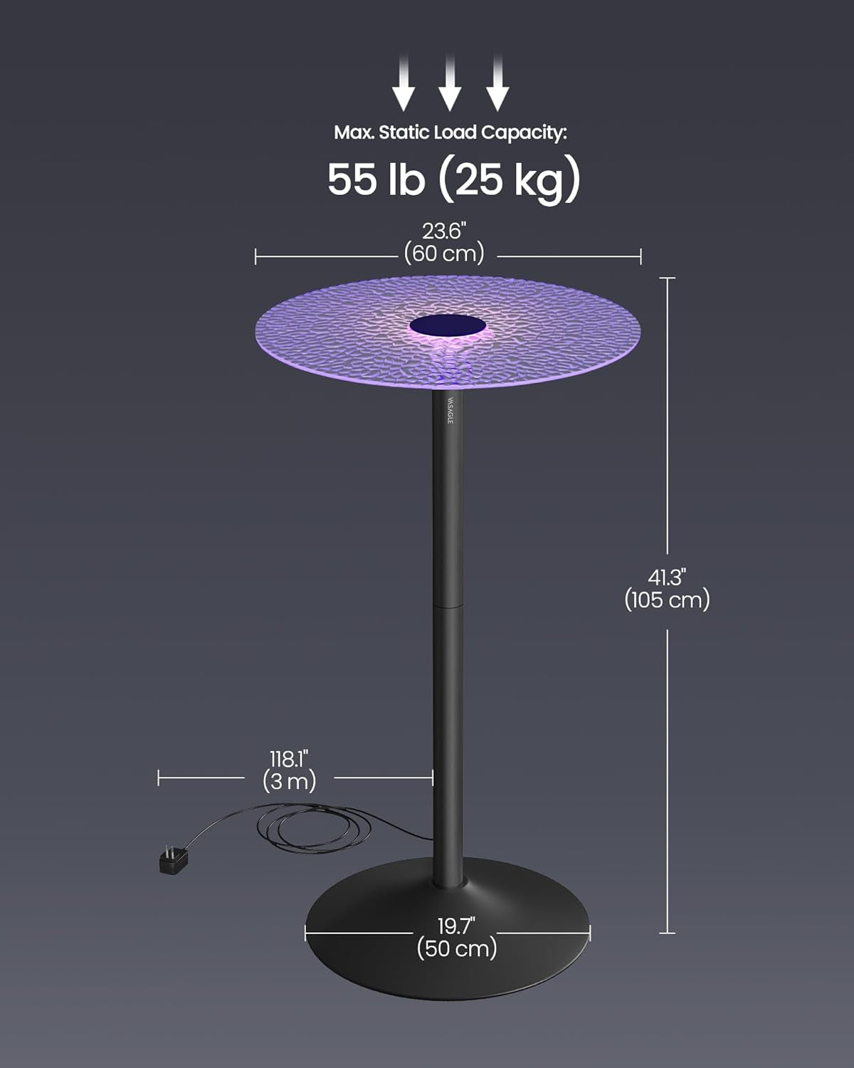 round Bar Table, 41.3 Inches Tall Cocktail Pub Table with Multi-Colored Lights and Glass Top, Large Steel Base, for Kitchen, Bistro, Parties, Cloud White and Ink Black