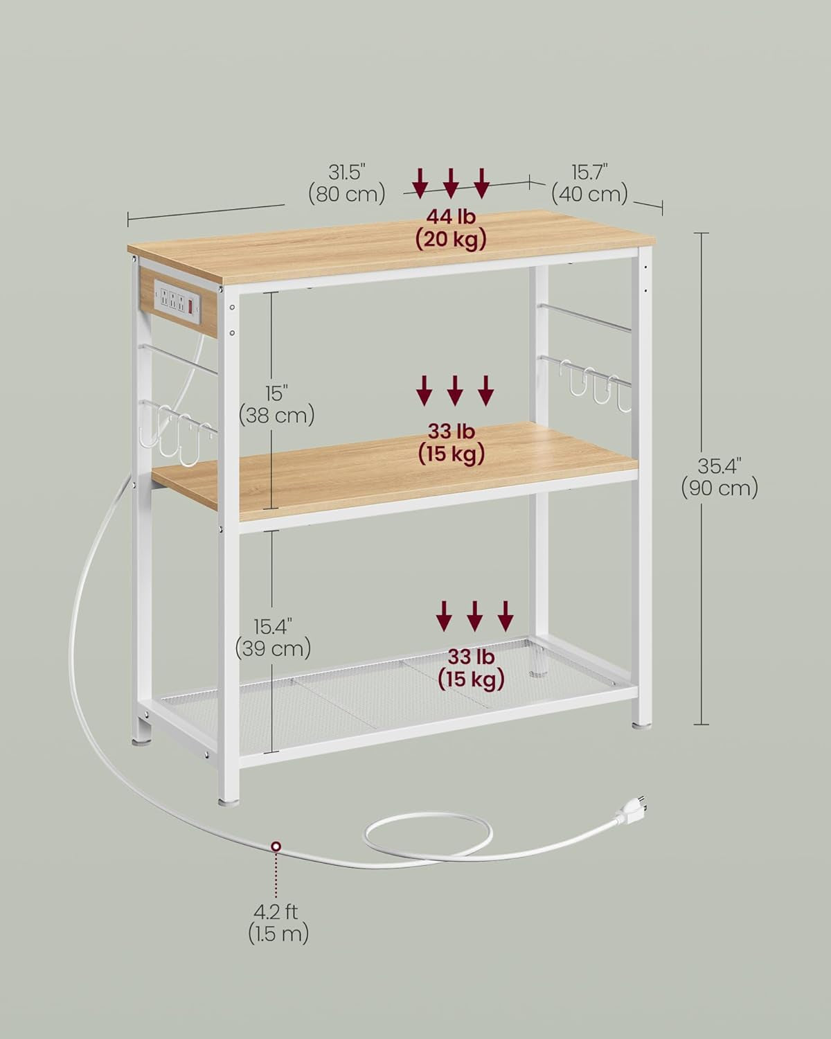 Kitchen Island with Power Strip, Microwave Oven Stand, Kitchen Shelf, Baker'S Rack with 3 Open Shelves, 6 Hooks, Metal Frame, 15.7 X 31.5 X 35.4 Inches, Goldean Oak and White UKKI102YA02S