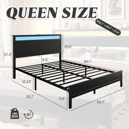 Queen Bed Frame with Headboard & Footboard, Bed Frame with Built-In Charging Station & LED Light, Storage Shelf, Noise-Free, No Box Spring Needed, Easy Assembly, Classic Black