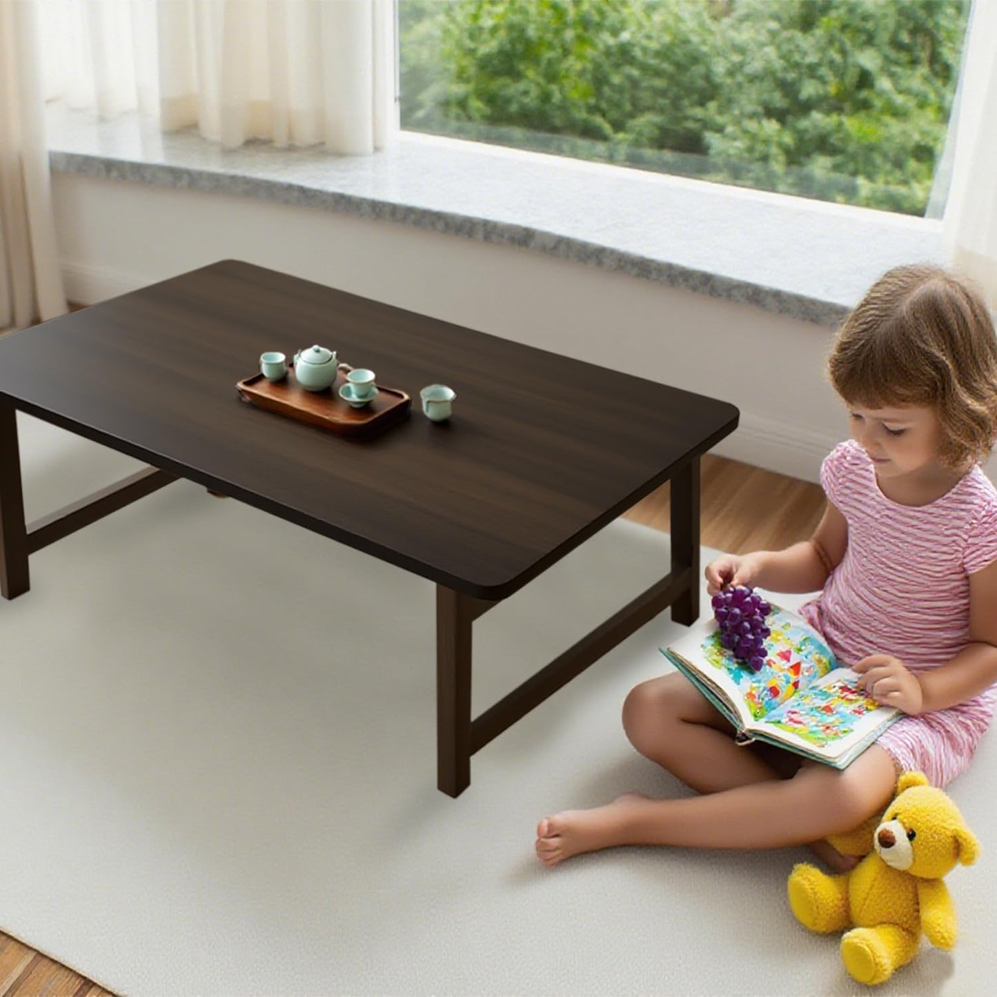 Japanese Folding Floor Table Foldable Coffee Tables Wood Low Tables Versatile for Sitting Dining Table Tea Tatami Desk No Assembly Unique (39.4 * 19.7 * 11.8 Inch)