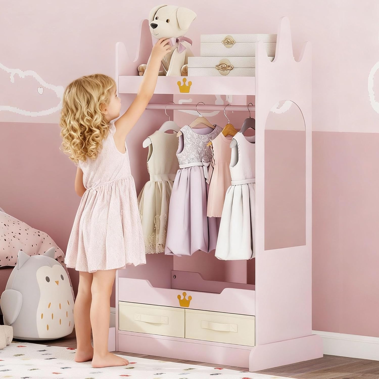 Kids Dress up Storage with Mirror, Kids Open Hanging Armoire & Costume Storage Dresser, Costumes Wardrobe Closet for Bedroom, Nursery, Preschool, Pink