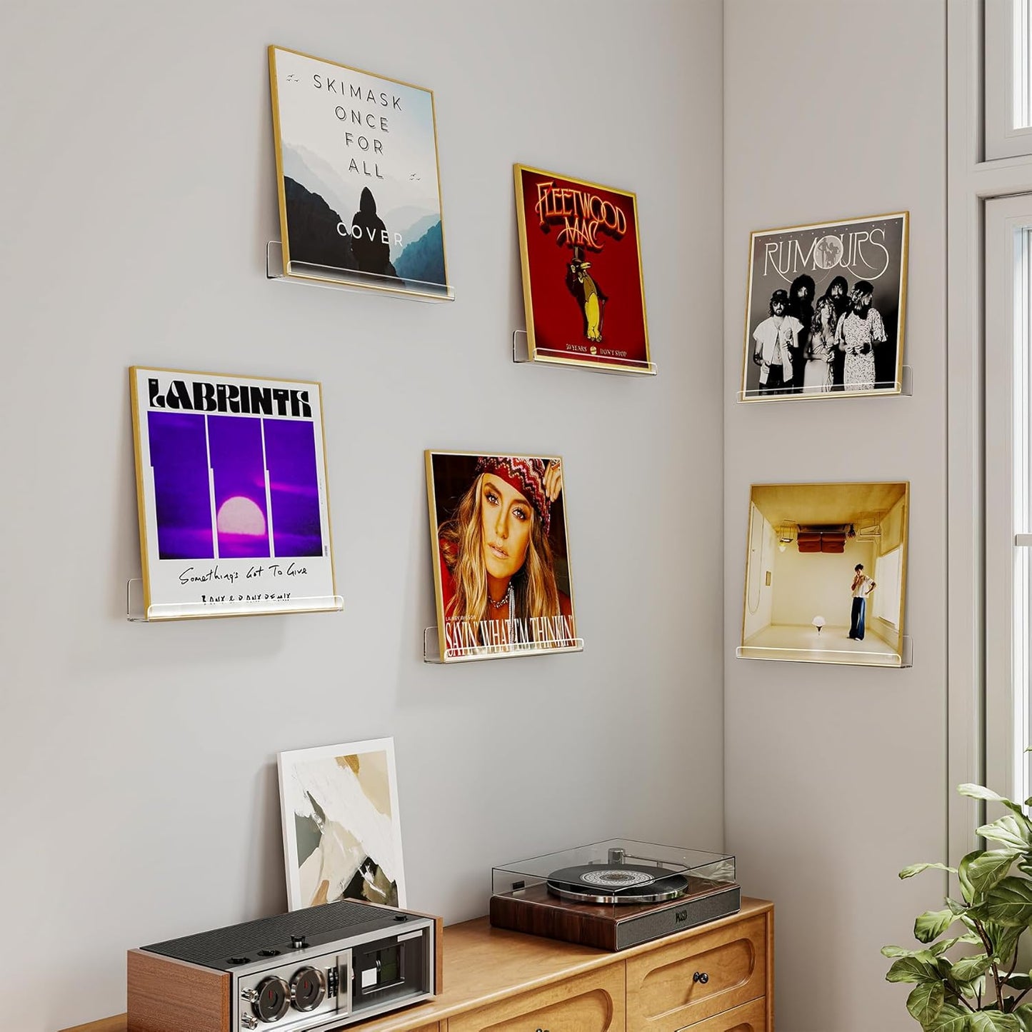 Vinyl Record Shelf Wall Mount, 12 Inch Clear Acrylic Album Record Holder Display, Floating Shelves for Wall, Magazine Shelf, Kids Bookshelf, Suitable for Bedroom, Living Room, Etc.—6 Pack