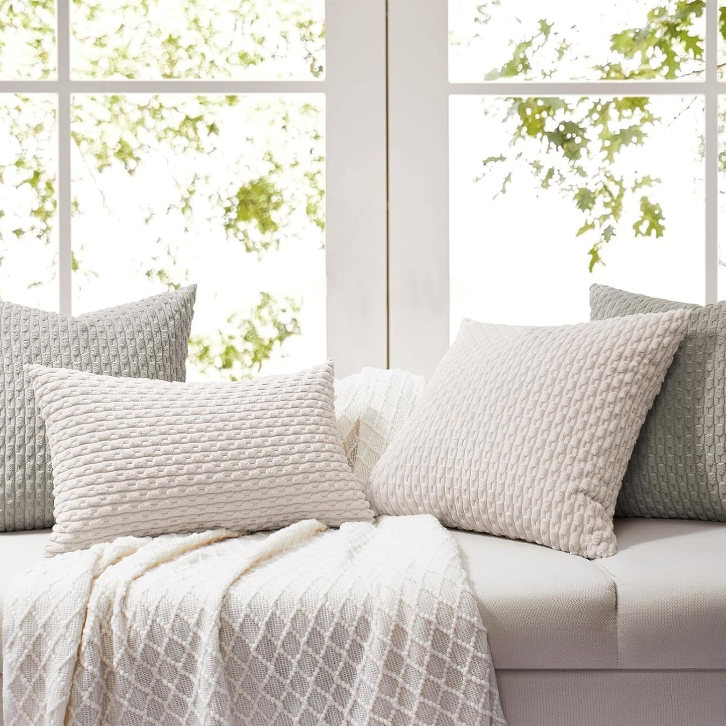 Throw Pillow Covers 18X18 Inch, Set of 2, Soft Corduroy Boho Stripe Decorative Pillow Cover, Couch Fluffy Pillow Cover for Farmhouse Home Decor Bed Living Room, Beige