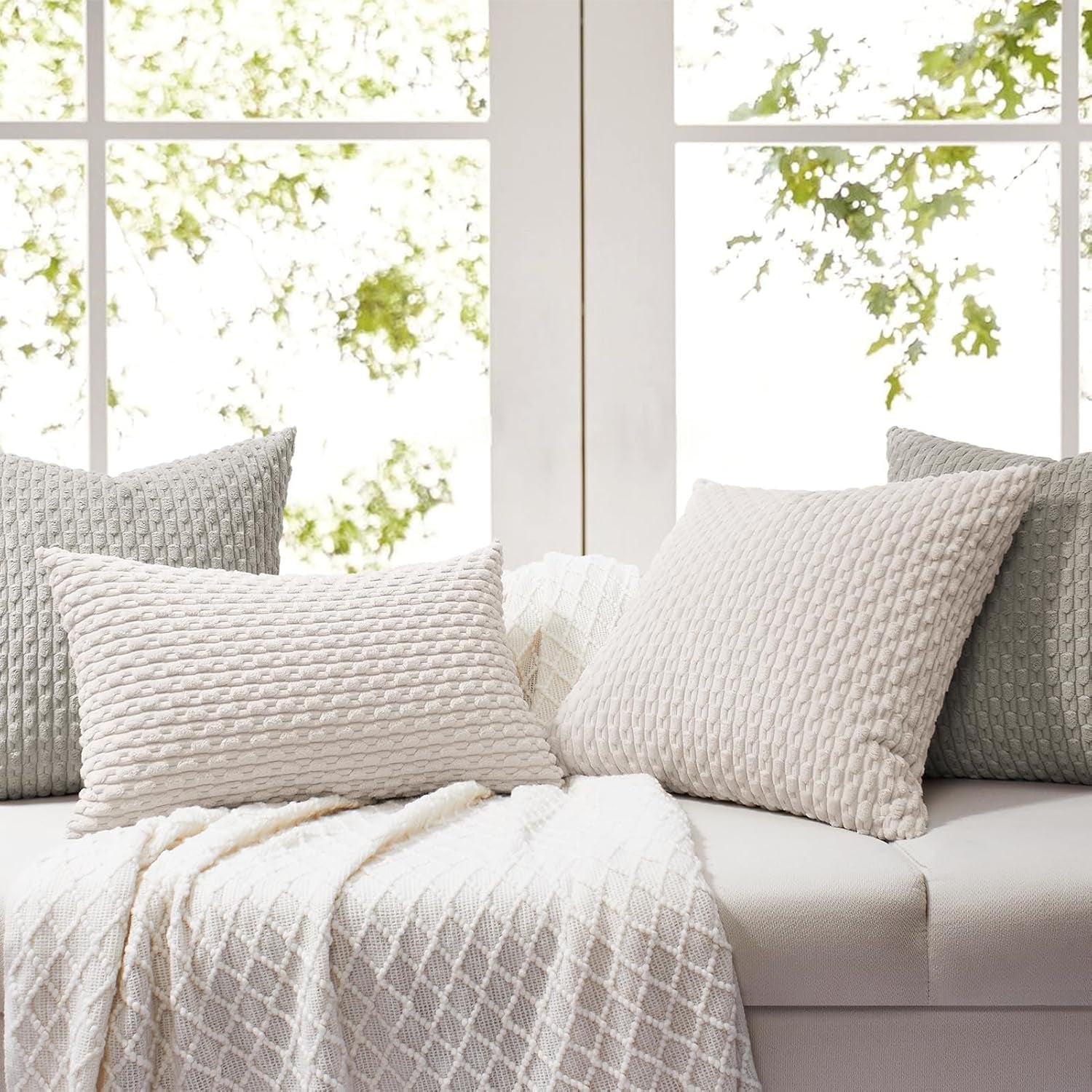 Throw Pillow Covers 18X18 Inch, Set of 2, Soft Corduroy Boho Stripe Decorative Pillow Cover, Couch Fluffy Pillow Cover for Farmhouse Home Decor Bed Living Room, Beige