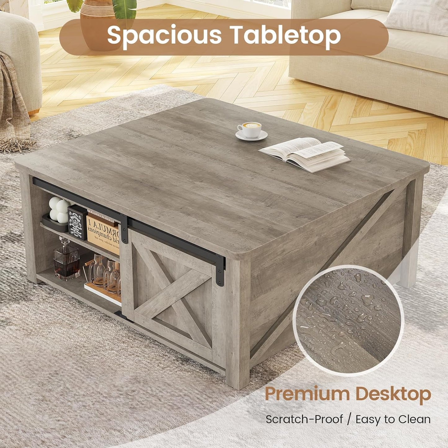31.5" Lift Top Coffee Table with Storage, Square Coffee Tables for Living Room, Farmhouse Coffee Table with Large Hidden Storage Compartment and Adjustable Shelves, Grey